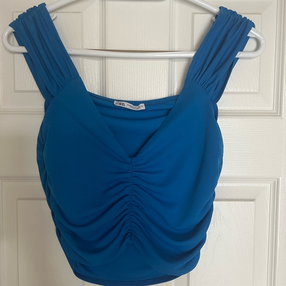 Zara Blue Off or On the Shoulder Crop Top Size M